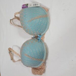NWT Hers by Herman Womens Bra Aqua/Tan Lace Underwire Padded‎ Adjust Straps 34C